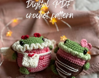 Valentines Frog car charm crochet pattern 2in1 low-sew PDF English | car hanger rear-view mirror | crochet Cupid & Chocolate Strawberry frog