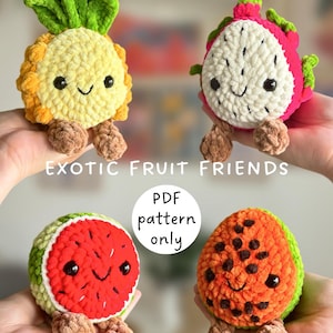 Könnte beinhalten: Vier gehäkelte Plüschfrüchte, darunter eine Ananas, eine Drachenfrucht, eine Wassermelone und eine Papaya, jeweils mit schwarzen Augen und einem Lächeln. Der Text EXOTIC FRUIT FRIENDS und PDF pattern only steht in der Bildmitte.