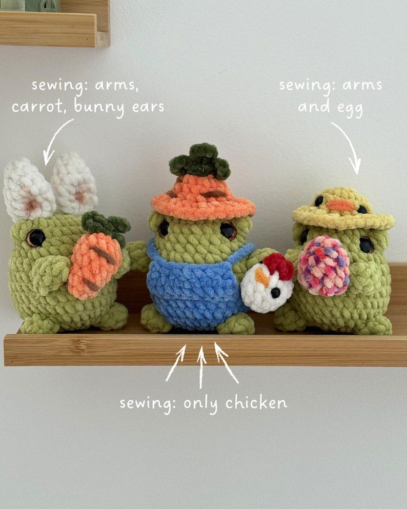 Rane pasquali 3 in 1, schema all'uncinetto a bassa cucitura in inglese, schema amigurumi all'uncinetto pasquale, rana contadina all'uncinetto, rana coniglietto all'uncinetto immagine 2