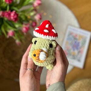 Puede incluir: Un animal de peluche tejido a crochet con forma de hongo, con un sombrero rojo y blanco y un cuerpo verde. El hongo est&aacute; siendo sostenido en las manos de una persona.