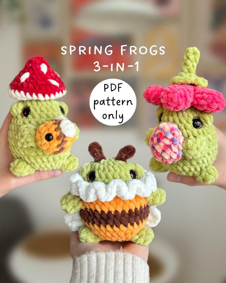 Spring Frogs 3-in-1 low-sew crochet pattern in English, Easter crochet pattern, crochet mushroom frog, crochet bee frog, crochet flower frog image 1