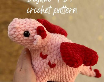 Wzór na szydełkowanie bez szycia Love Dragon Amigurumi PDF | wzór na szydełkowanie Walentynki | szydełkowy smok bez szycia ze skrzydłami w kształcie serca