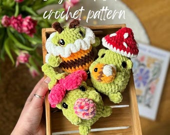 Spring Frogs 3in1 crochet pattern low-sew PDF English | Easter crochet amigurumi pattern | crochet mushroom frog | bee frog |flower frog