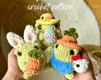 Easter Frogs 3in1 crochet pattern low-sew PDF English | Easter crochet amigurumi pattern | crochet farmer frog | crochet bunny frog