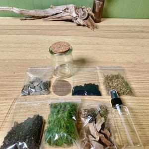 Puede incluir: Un kit de terrario con un peque&ntilde;o frasco de vidrio, tapa de corcho y varios componentes en bolsas de pl&aacute;stico transparente. Incluye piedras peque&ntilde;as, malla, tierra oscura, musgo seco, corteza, musgo verde, hojas secas y un pulverizador.