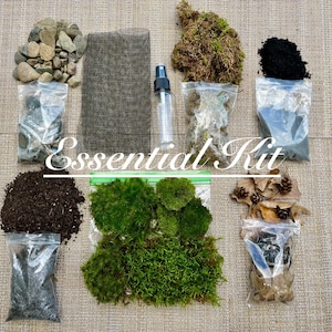 May include: An "Essential Kit" with various terrarium supplies. Includes bags of rocks, soil, moss, and charcoal, a spray bottle, and a mesh screen. The kit also contains dried leaves and pine cones. The text "Essential Kit" is displayed in white.