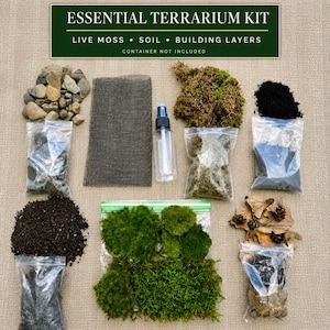 May include: Essential Terrarium Kit containing live moss, soil, and building layers. Includes a pile of stones, a rectangular mesh screen, a clear spray bottle, bags of dark soil, charcoal, and dried leaves with small pinecones. Container not included.