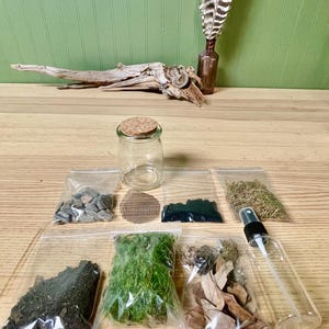 Puede incluir: Un kit de terrario con un tarro de vidrio, tapa de corcho y varios elementos naturales como rocas, musgo y hojas secas. Incluye un pulverizador y una botella peque&ntilde;a con una pluma. Los elementos est&aacute;n dispuestos sobre una superficie de madera.