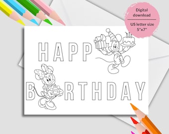 Minnie and Mickey Birthday Coloring Pages: Printable Card (PDF)