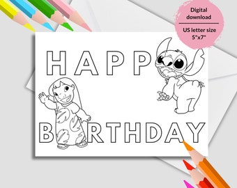 Printable Lilo and Stitch coloring birthday pages. Stitch Colouring pages. Geburtstagskarte Stitch ausmalen. Stitch Birthday craft printable