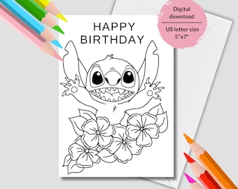 Lila and Stitch Printable Coloring Birthday Card. Coloring Birthday ...