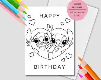 Stitch coloring pages. Printable Stitch Birthday cards. Lilo and Stitch Happy Birthday pages. Instant download Stitch greetings for coloring