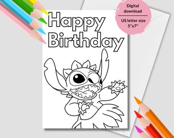 Geburtstagskarte Stitch ausmalen. Tarjeta de Stitch imprimible para colorear. Stitch para colorear páginas de cumpleaños. Descarga instantánea de artesanía de cumpleaños de Stitch