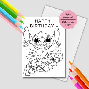Tarjeta de cumpleaños imprimible de Lila y Stitch para colorear. Felicitación de cumpleaños para colorear con Stitch. Tarjeta de feliz cumpleaños para colorear imprimible para niños.