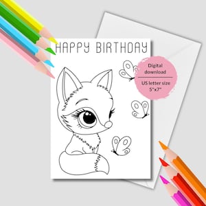 Cartes d'anniversaire à colorier imprimables avec renard. Pages à colorier pour les enfants. Téléchargez instantanément des cartes Joyeux anniversaire à colorier. Salutations de bricolage.