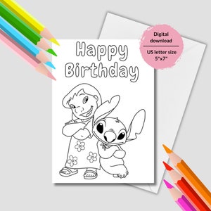 Coloriage Lilo et Stitch. Cartes d’anniversaire Stitch imprimables. Téléchargement instantané de la carte d’anniversaire Stitch. Coloriage Stitch joyeux anniversaire.