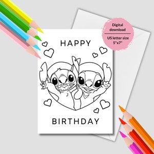 Steek kleurplaten. Afdrukbare Stitch-verjaardagskaarten. Lilo en Stitch Happy Birthday-pagina's. Directe download Steekgroeten om in te kleuren