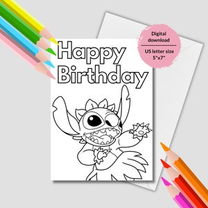 Geburtstagskarte Stitch ausmalen. Carte Stitch imprimable à colorier. Coloriages d'anniversaire Stitch. Téléchargement instantané Stitch Birthday craft