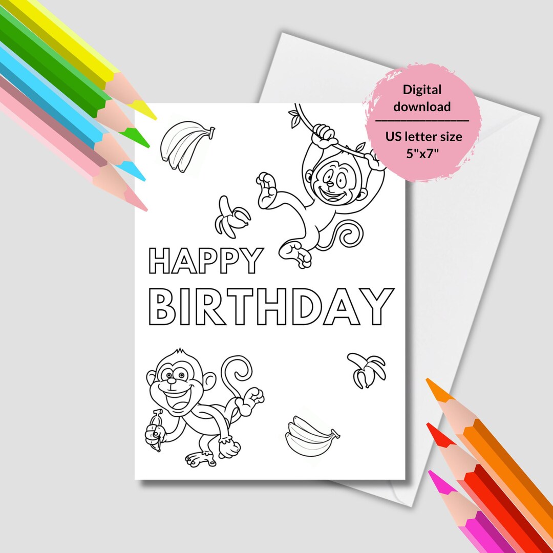 Funny Monkeys Coloring Pages. Printable Monkey Birthday Cards for Kids. Instant Download Happy ...