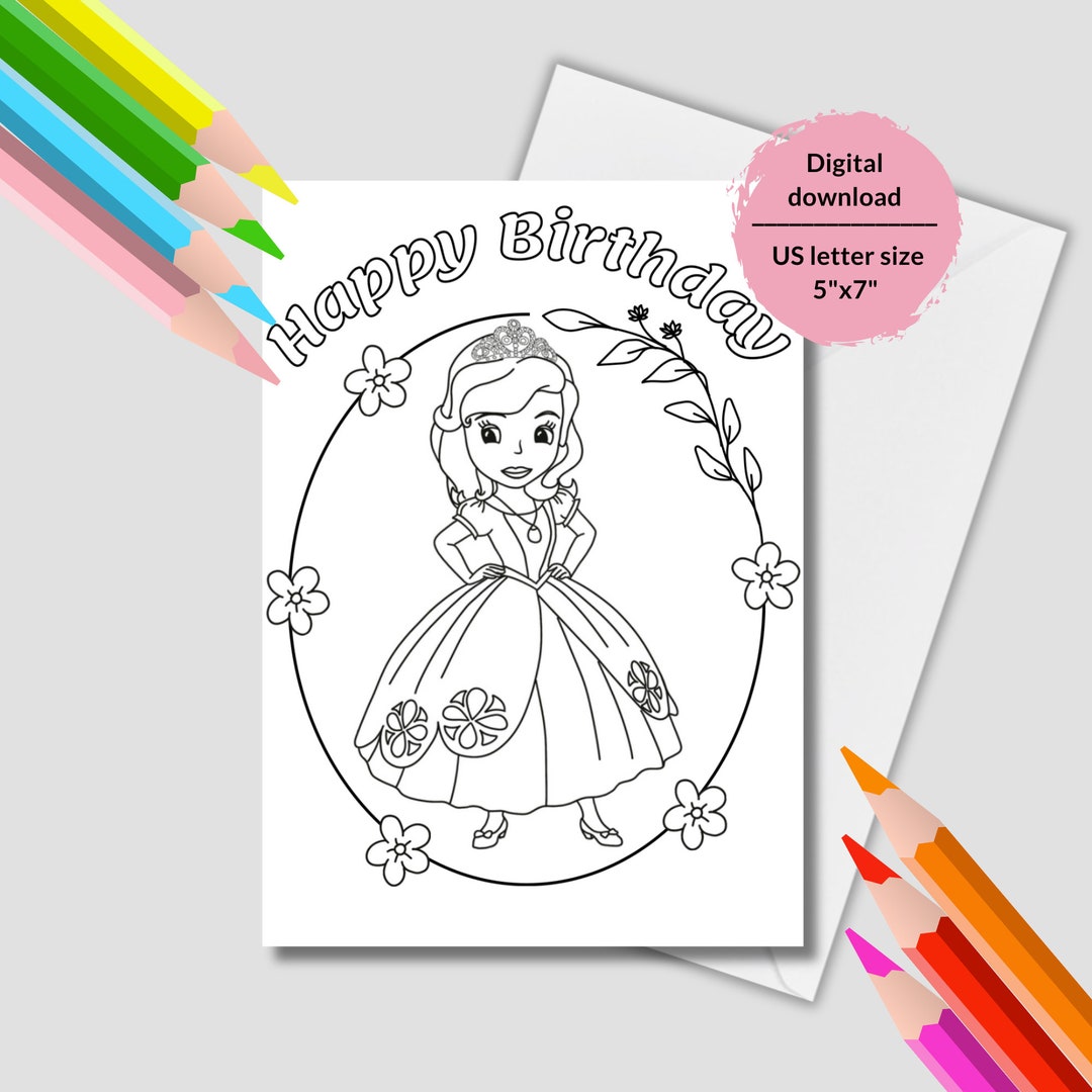 Princess Frozen for Coloring. Printable Birthday Card With Princess ...