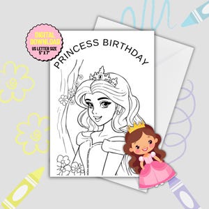 Princess Birthday Coloring Card – 5x7" Printable Digital Download | Kids DIY Birthday Card | Foldable Coloring Greeting Card for kids