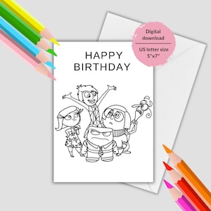 Kleurkaart Inside Out Happy Birthday. Binnenstebuiten 2 kleurplaten. Afdrukbare kleurplaat binnenstebuiten. DIY Binnenstebuiten foto's voor kinderen.
