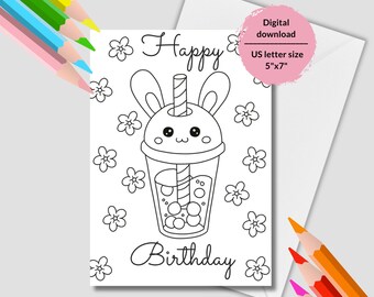 Coloring happy birthday card for kids. Printable Birthday cards for colouring. Greetings cards for kids. Cute Coloring Gifts for kids