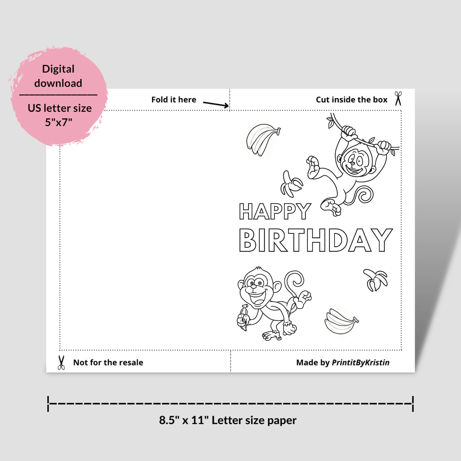 Funny Monkeys Coloring Pages. Printable Monkey Birthday Cards for Kids. Instant Download Happy ...