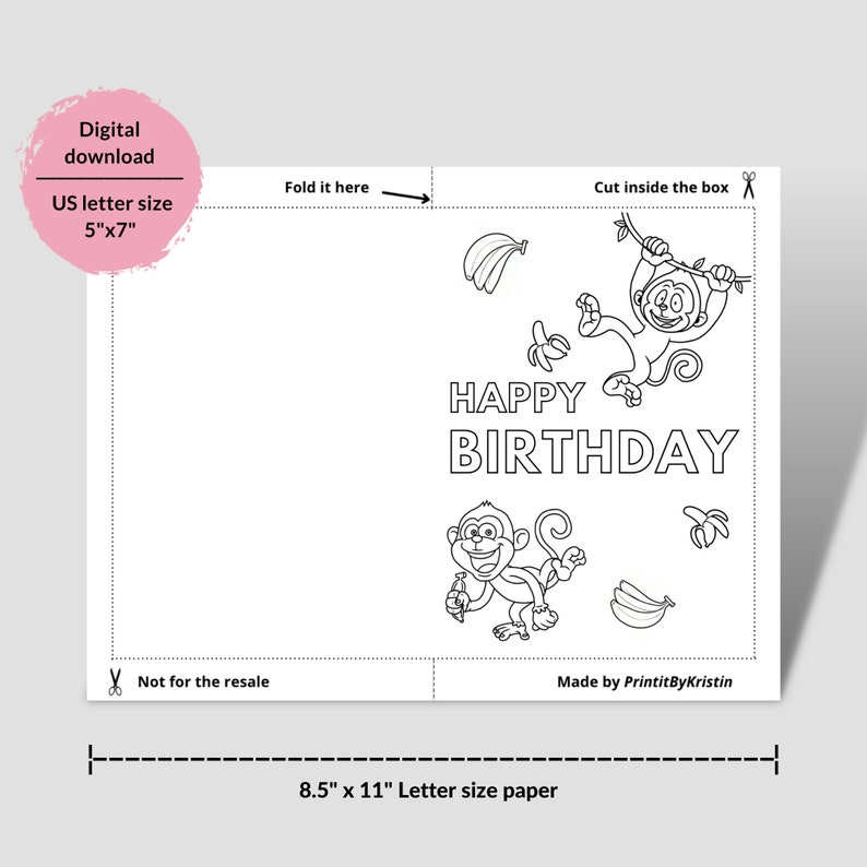 Funny Monkeys Coloring Pages. Printable Monkey Birthday Cards for Kids. Instant Download Happy ...