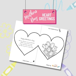Carte coeur pliable pour la fête des Mères avec tulipes - Carte à colorier imprimable pour les enfants - Carte poème pour maman - Bricolage à télécharger instantanément pour maman
