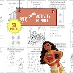 May include: A printable activity book featuring Moana, a Disney princess, with 30 pages of activities. The cover features a red circle with the text "Moana Activity Bundle" and "30 Pages!" in white text. The book includes activities such as mazes, word searches, coloring pages, and more.