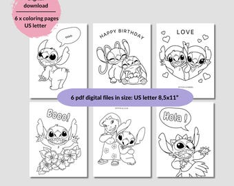 Könnte beinhalten: Sechs ausdruckbare Malvorlagen mit der Figur Stitch aus Lilo & Stitch. Jede Seite hat ein anderes Design, einschließlich der Wörter "Happy Birthday", "Love" und "Hola!". Der digitale Download ist im US-Letter-Format, 21,6 x 27,9 cm.