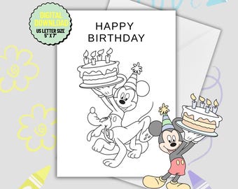 Mickey & Minnie Mouse Birthday Card Coloring Page (PDF Download 5x7 Folded Card)