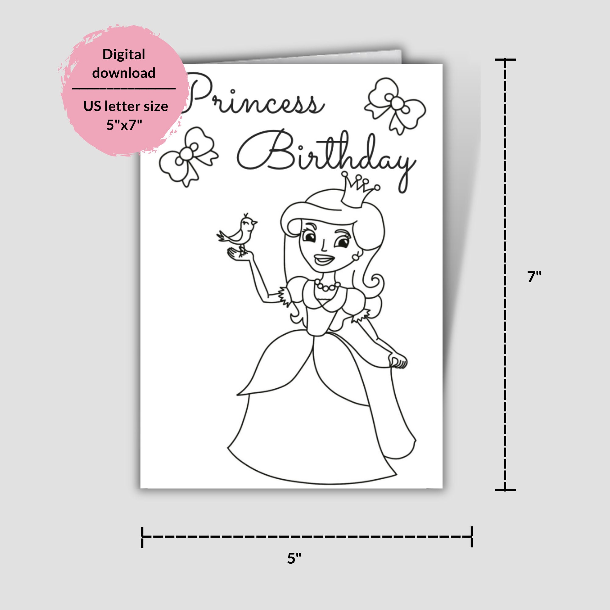 Coloring Princess Birthday Card for Kids. Printable Princess Birthday ...