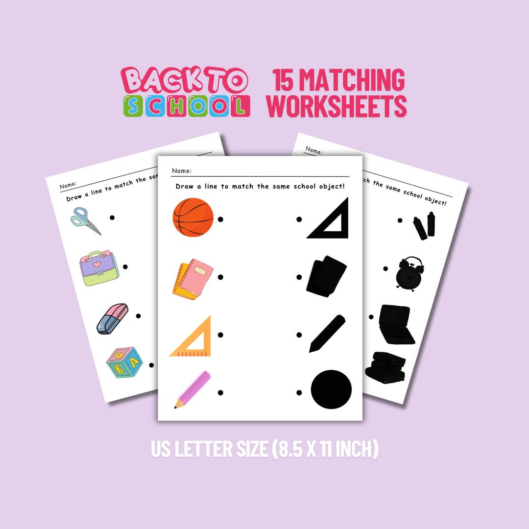 Back to School Matching Worksheets | 15 Printable Shadow Matching Pages ...