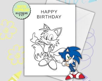 Printable birthday card with sonic character. Kids birthday card with sonic the hedgehog coloring. Sonic coloring pages. Color sonic card.