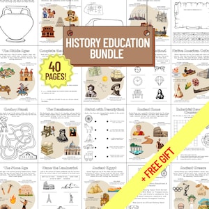 May include: A collection of educational history pages, including topics like the Middle Ages, Ancient Egypt, and the Renaissance. The bundle includes a variety of activities, such as mazes, matching games, and crossword puzzles. The title "HISTORY EDUCATION BUNDLE" is displayed.