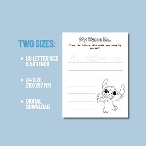 May include: A white printable worksheet with the text "My Name Is..." and a cartoon character. The worksheet includes lines for tracing and writing a name. The image also shows the text "US LETTER SIZE 8.5X11 INCH" and "DIGITAL DOWNLOAD".