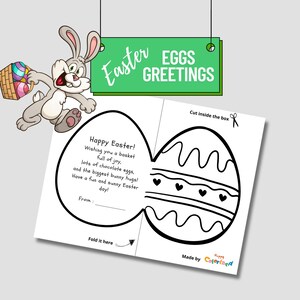 Tarjeta plegable imprimible con huevo de Pascua para niños – Actividad para colorear de Pascua DIY – Tarjeta de felicitación con poema de conejito – Descarga digital de dibujos para colorear de Pascua