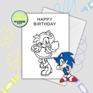 Carte d'anniversaire imprimable Sonic the Hedgehog à colorier | Carte d'anniversaire à colorier Sonic pour enfants | Coloriages inspirés de Sonic | Fête sonore