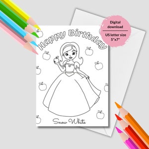 Ausmal-Schneewittchen Geburtstagskarte für Kinder. Schneewittchen-Prinzessin zum Ausmalen. Alles Gute zum Geburtstag Schneewittchen. Druckbare Grußkarten für Kinder