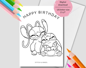 Hoja para colorear imprimible de Ángel y Stitch. Tarjeta de cumpleaños de Lilo y Stitch. Dibujos para colorear de puntadas. Geburtstagskarte stitch und angel ausmalen.