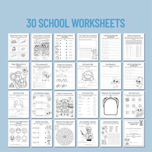 May include: A collection of 30 school worksheets with various activities, including coloring pages, mazes, and writing exercises. The worksheets are printed in black and white and feature illustrations of school-related items and characters.