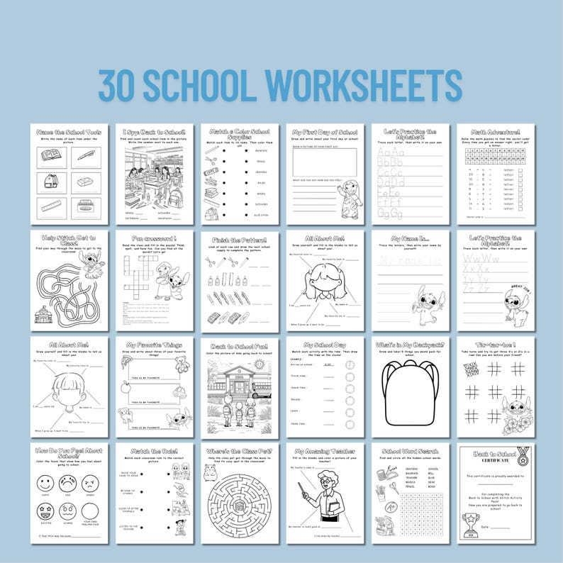 May include: A collection of 30 school worksheets with various activities, including coloring pages, mazes, and writing exercises. The worksheets are printed in black and white and feature illustrations of school-related items and characters.