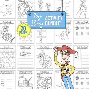 May include: A Toy Story activity bundle with 30 pages of games and puzzles. The cover features the text "Toy Story Activity Bundle" and a cartoon of Woody. Inside are mazes, word searches, and coloring pages.