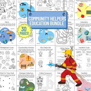 May include: A Community Helpers Education Bundle with 30 pages of educational activities. Includes illustrations of community helpers, tools, and crossword puzzles. Features a firefighter with a hose.