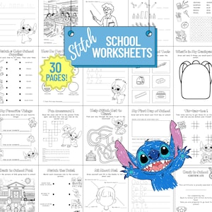 May include: A collection of 30 school worksheets featuring Stitch. The worksheets include coloring pages, mazes, and writing prompts. The cover features Stitch and the text "Stitch School Worksheets."