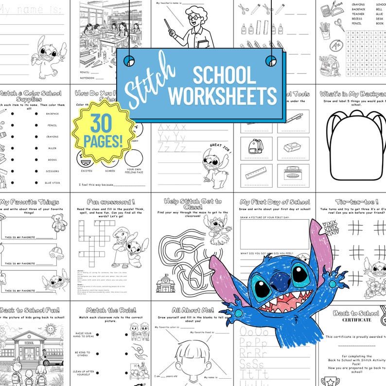 May include: A collection of 30 school worksheets featuring Stitch. The worksheets include coloring pages, mazes, and writing prompts. The cover features Stitch and the text "Stitch School Worksheets."