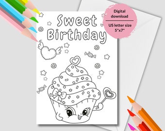 Cupcake Birthday Coloring Card: DIY Kids Activity (Digital Download)