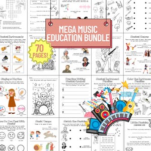 May include: A 70-page music education bundle with various musical themes. Includes illustrations of instruments like guitars and drums, plus activities. The title "MEGA MUSIC EDUCATION BUNDLE" is displayed on a sign.